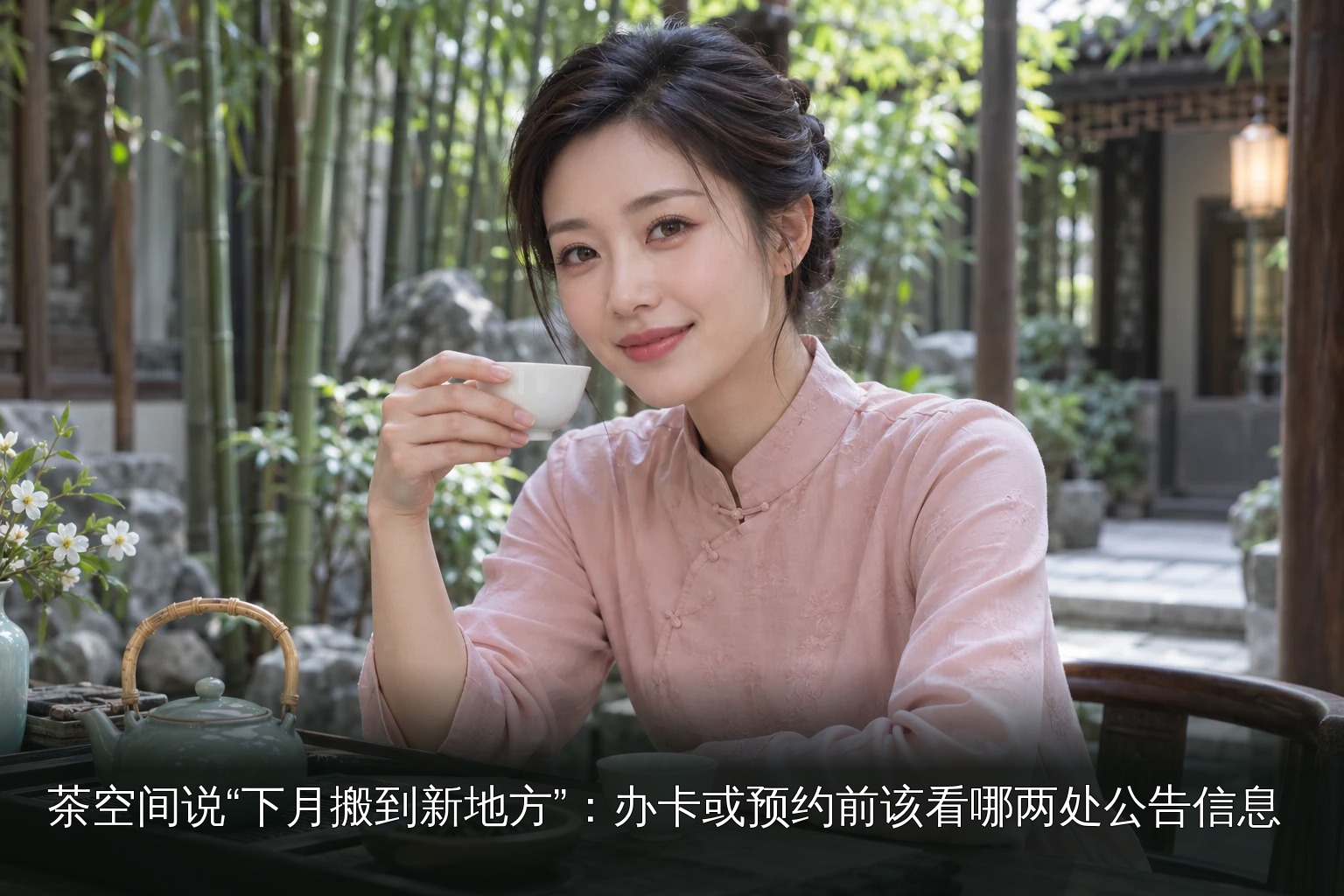 年轻女性品茶主题图|庭院新中式人物